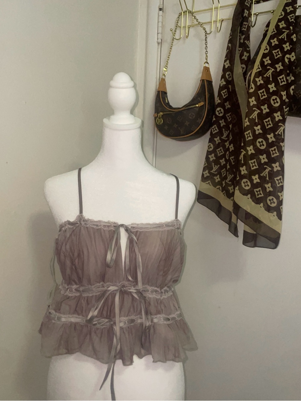 Tilly's Taupe Ruffled Spaghetti-Strap Camisole